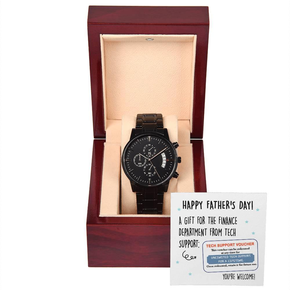 Dad Gift - Tech Support Voucher - Black Chronograph Watch - Mallard Moon Gift Shop