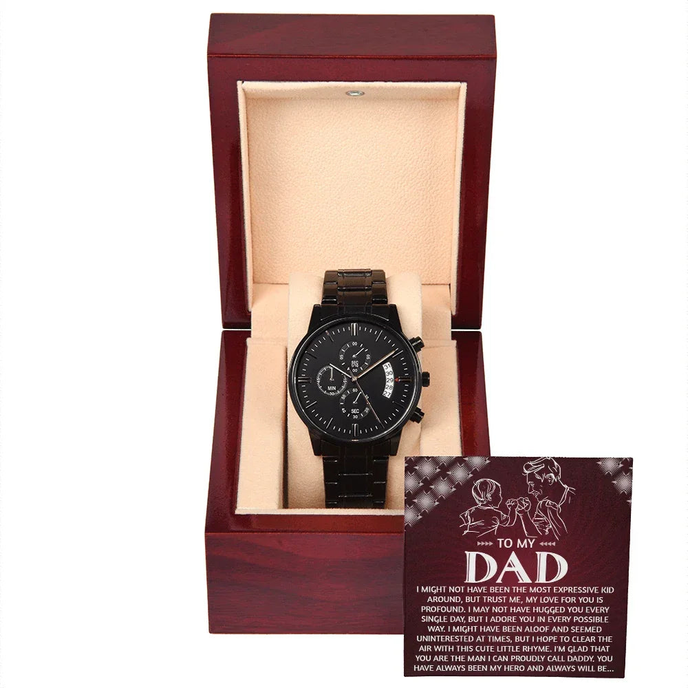 To My Dad Chronograph Watch - Heartfelt Expressive Love Message Card Gift for Dad from Child - Stylish Black Stainless-Steel Timepiece - Father's Day, Birthday, Christmas Keepsake for Dad
