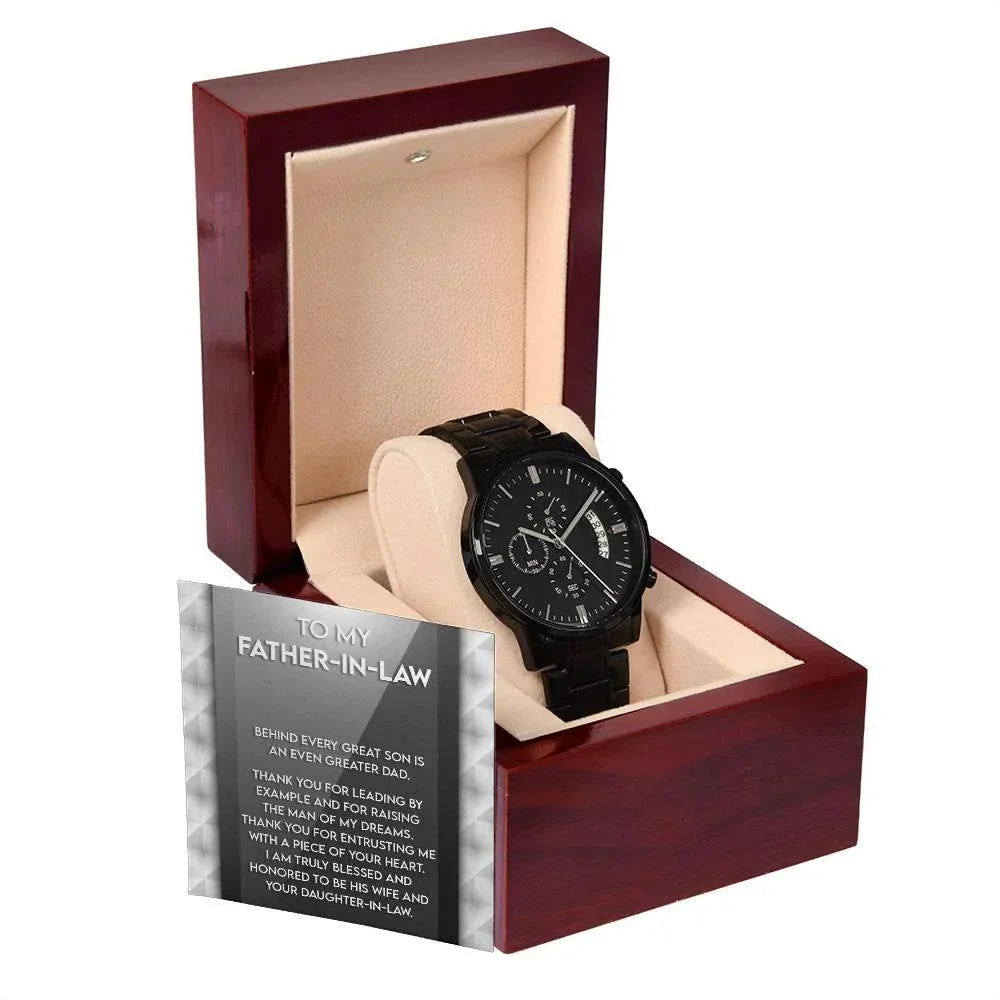 Gift for Father-in-Law Behind Every Great Son Is a Greater Dad Black Chronograph Watch