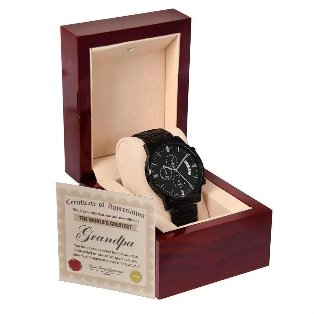 Certificate of Appreciation for the World's Greatest Grandpa Black Chronograph Watch