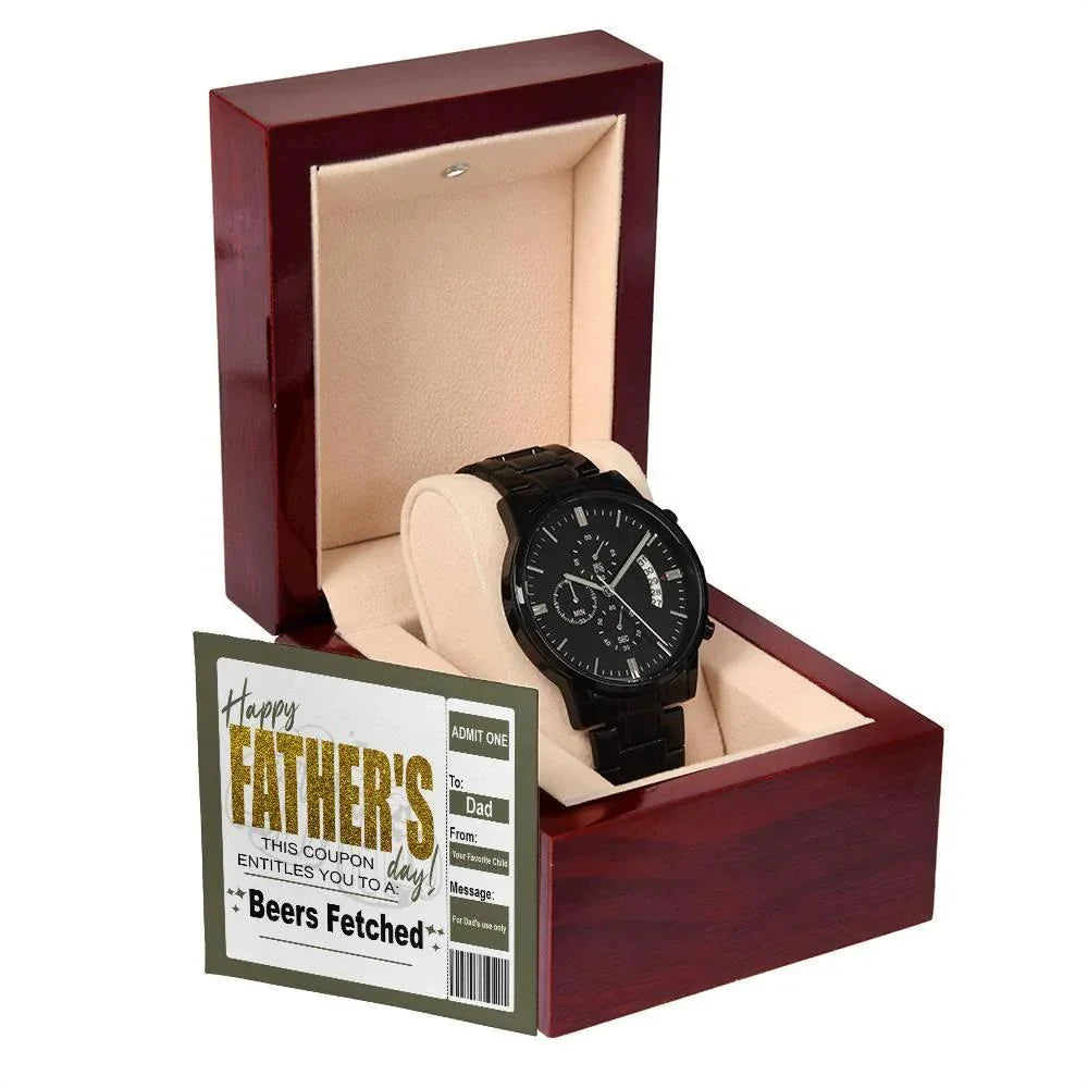 Beers Fetched Dad Coupon Father's Day Gift – Funny Metal Chronograph Watch for Dad from Favorite Child – “Happy Father’s Day” Coupon Message Card – Gag Gift with Sentimental Touch