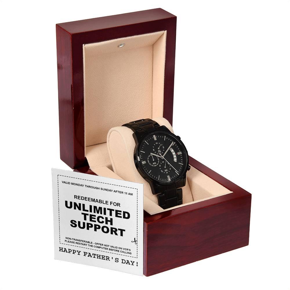 Gift for Dad - Redeem for Unlimited Tech Support - Black Chronograph Watch - Mallard Moon Gift Shop
