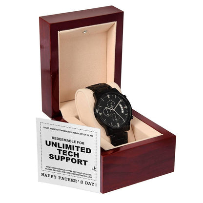 Gift for Dad - Redeem for Unlimited Tech Support - Black Chronograph Watch - Mallard Moon Gift Shop