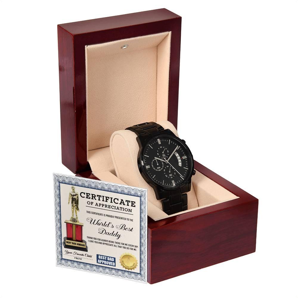 Dad Gift Certificate of  World's Best Daddy Black Chronograph Watch - Mallard Moon Gift Shop