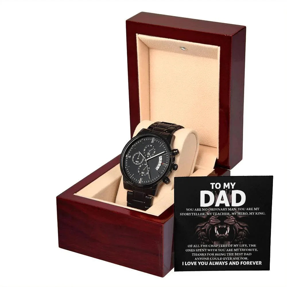 To My Dad Black Chronograph Watch – Hero Lion King Father Message Card Sentimental Father's Day Gift from Son or Daughter