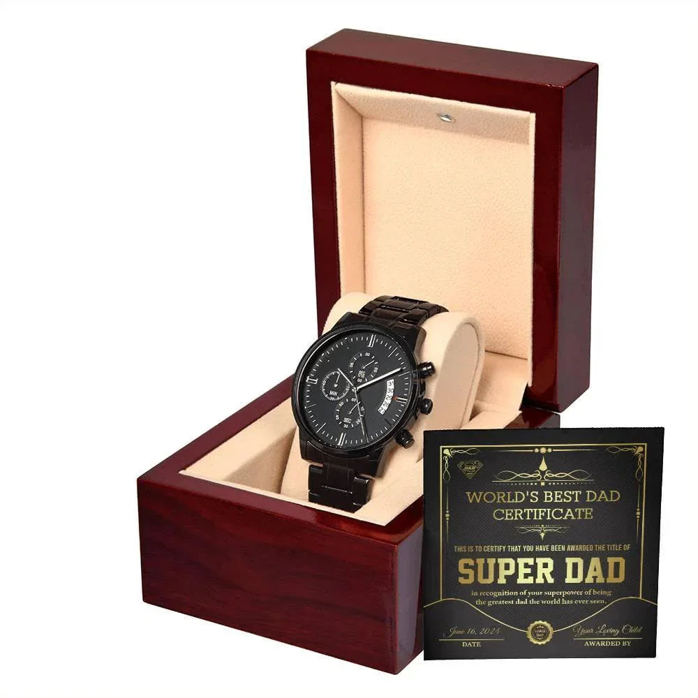 Dad Gift - Super Dad Certificate Black Chronograph Watch