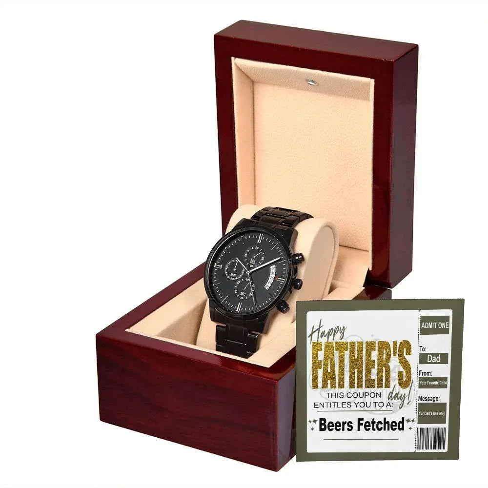 Beers Fetched Dad Coupon Father's Day Gift – Funny Metal Chronograph Watch for Dad from Favorite Child – “Happy Father’s Day” Coupon Message Card – Gag Gift with Sentimental Touch