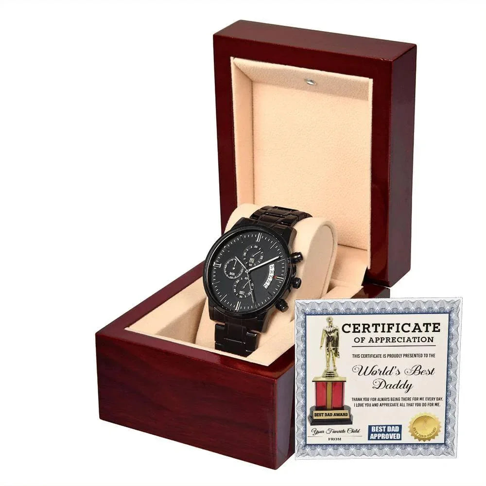 Dad Gift Certificate of World's Best Daddy Black Chronograph Watch