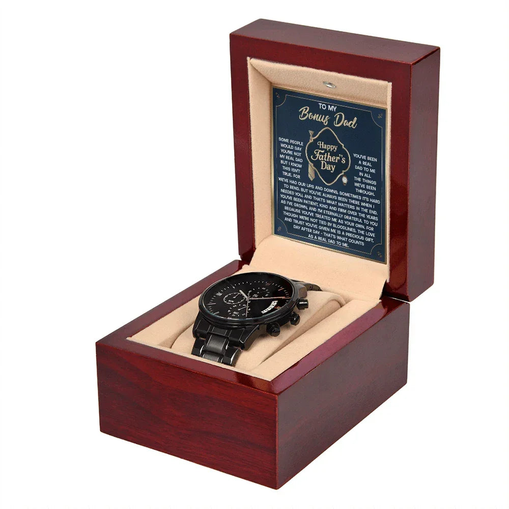 Bonus Dad Black Chronograph Watch – “Real Love, Real Dad” Elegant Father's Day Gift from Stepson or Stepdaughter, Luxury Stainless Steel Watch Premium Gift Box