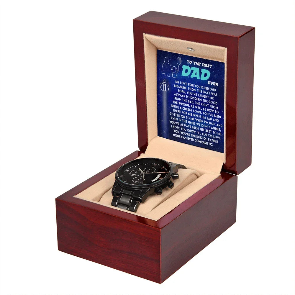 To the Best Dad Ever Black Chronograph Watch Gift – Meaningful Father's Day Gift from Son or Daughter, Thoughtful Dad Appreciation Keepsake, Water-Resistant Stainless Steel Watch with Sentimental Message Card