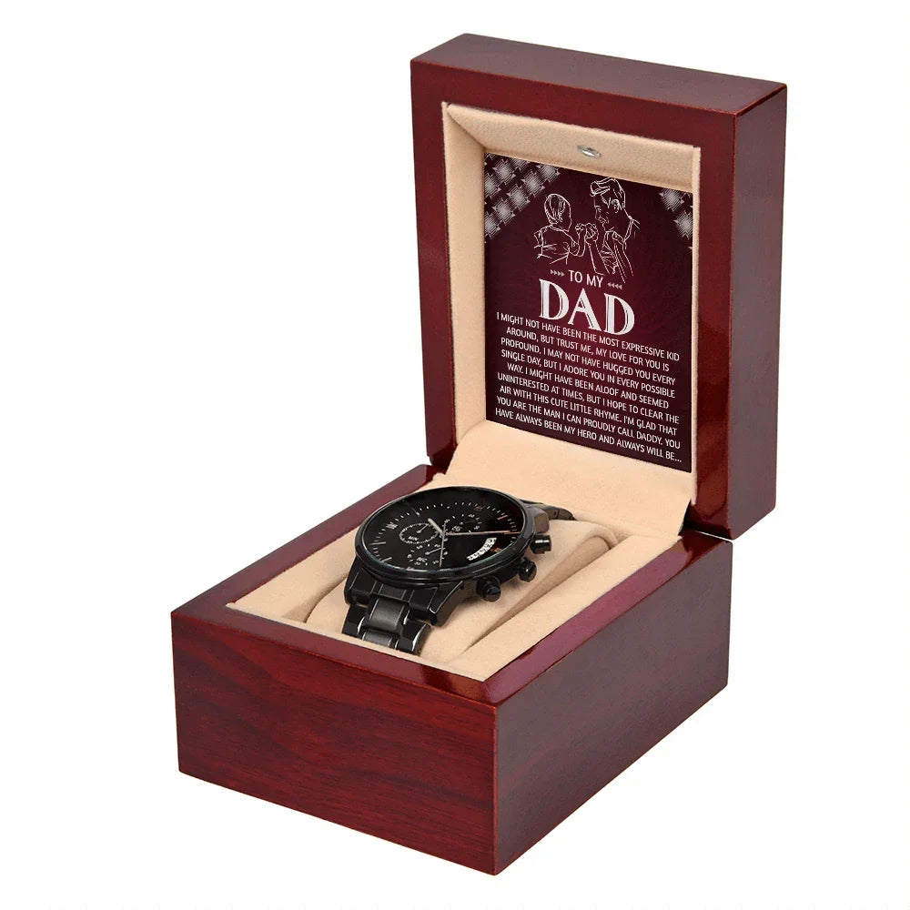 To My Dad Chronograph Watch - Heartfelt Expressive Love Message Card Gift for Dad from Child - Stylish Black Stainless-Steel Timepiece - Father's Day, Birthday, Christmas Keepsake for Dad