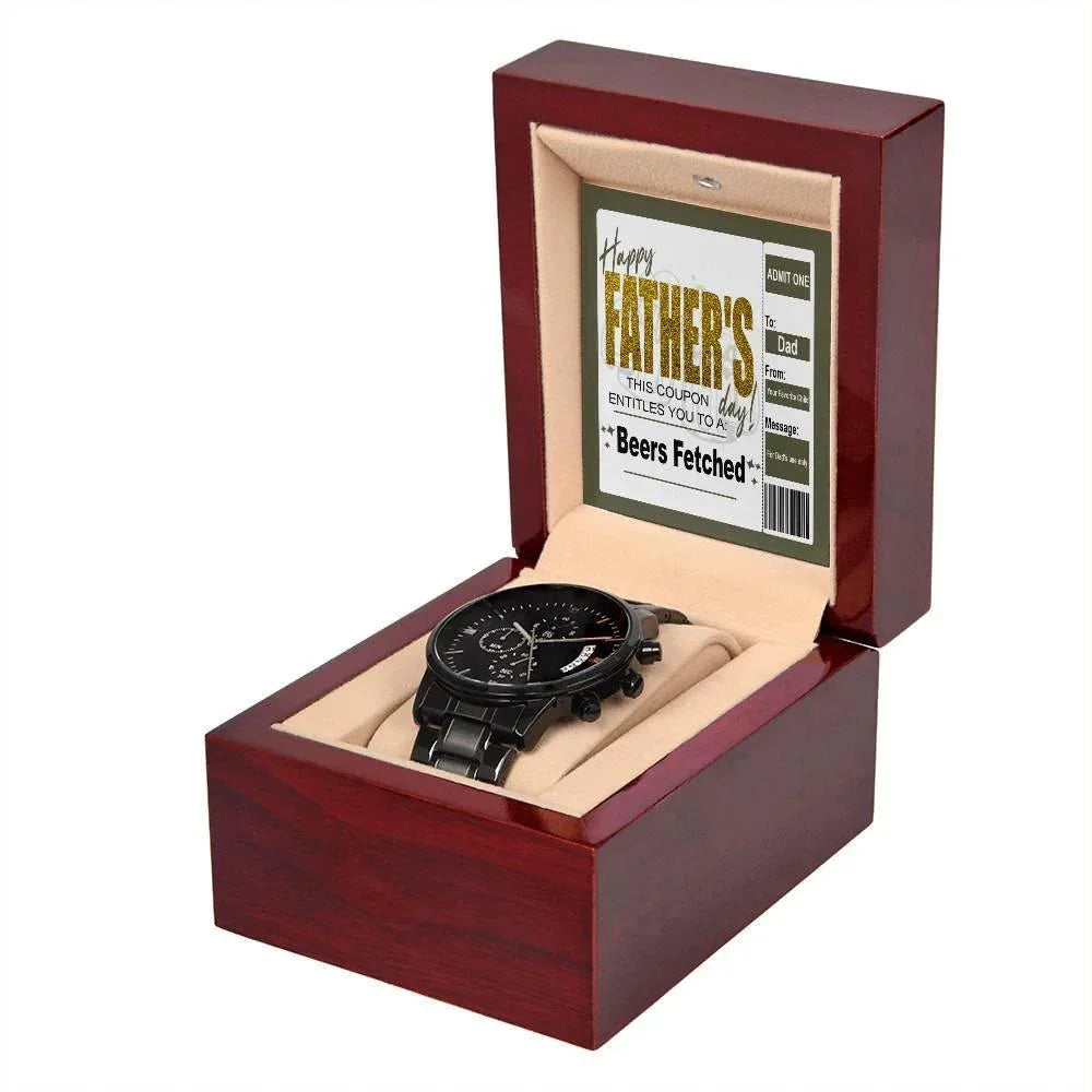 Beers Fetched Dad Coupon Father's Day Gift – Funny Metal Chronograph Watch for Dad from Favorite Child – “Happy Father’s Day” Coupon Message Card – Gag Gift with Sentimental Touch