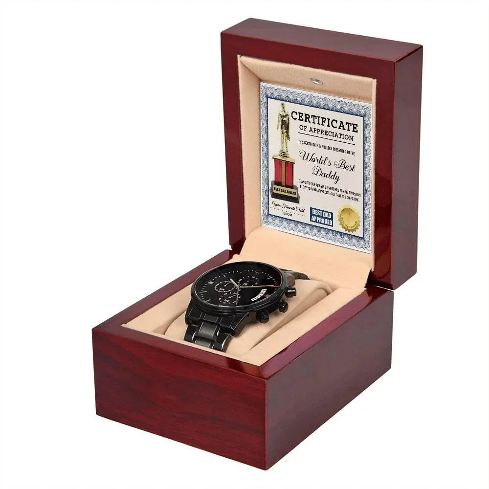 Dad Gift Certificate of World's Best Daddy Black Chronograph Watch
