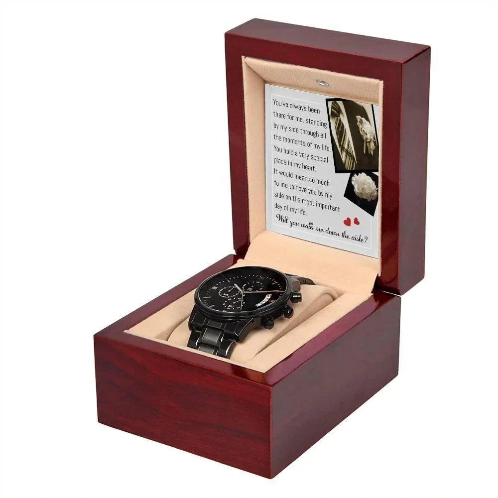 Father of the Bride Gift Will You Walk Me Down the Wedding Aisle Black Chronograph Watch