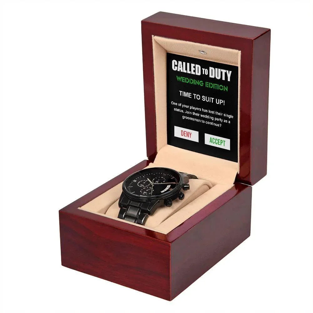 Best Man Proposal Wedding Invite - Called to Duty - Time to Suit Up - Black Chronograph Watch