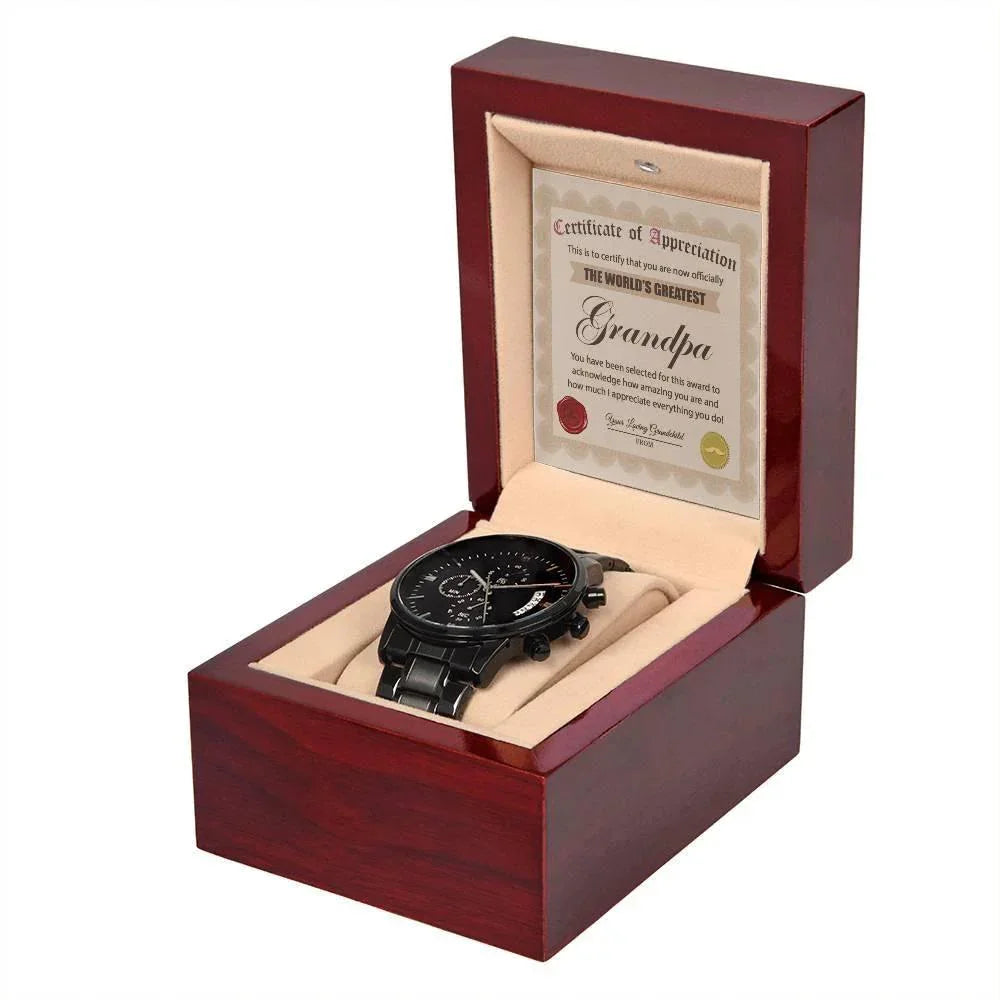 Certificate of Appreciation for the World's Greatest Grandpa Black Chronograph Watch