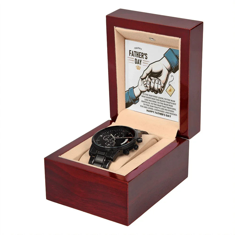 Bonus Dad Father's Day Black Chronograph Watch – Elegant Gift for Stepdad, Father Figure, Mentor – Luxury Stainless Steel Timepiece with Copper Dial & Engraved Message Card