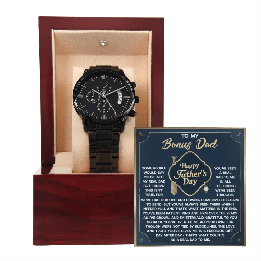 Bonus Dad Black Chronograph Watch – “Real Love, Real Dad” Elegant Father's Day Gift from Stepson or Stepdaughter, Luxury Stainless Steel Watch Premium Gift Box