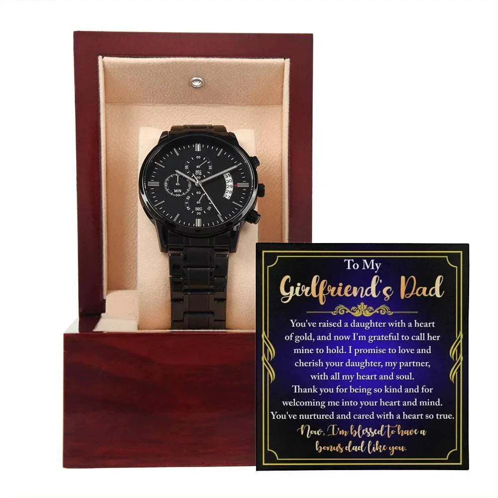 To My Girlfriend’s Dad – “Heart of Gold” Message Card & Black Chronograph Watch – Bonus Dad Gift for Father Figure, Birthday or Father’s Day
