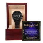 To My Girlfriend’s Dad – “Heart of Gold” Message Card & Black Chronograph Watch – Bonus Dad Gift for Father Figure, Birthday or Father’s Day