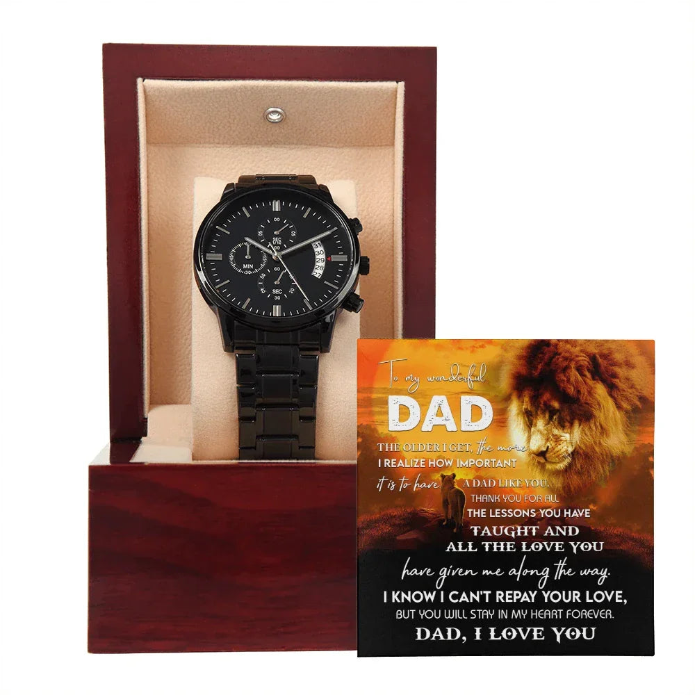 To My Dad Lion Chronograph Watch – Heartfelt Father's Day Gift from Son or Daughter – Black Steel Timepiece with Touching Message Card – "I Can't Repay Your Love, Dad, I Love You"