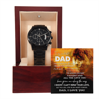 To My Dad Lion Chronograph Watch – Heartfelt Father's Day Gift from Son or Daughter – Black Steel Timepiece with Touching Message Card – "I Can't Repay Your Love, Dad, I Love You" - Mallard Moon Gift Shop