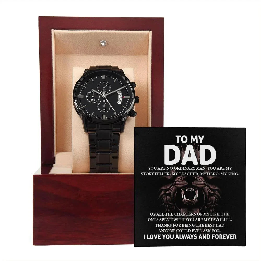 To My Dad Black Chronograph Watch – Hero Lion King Father Message Card Sentimental Father's Day Gift from Son or Daughter