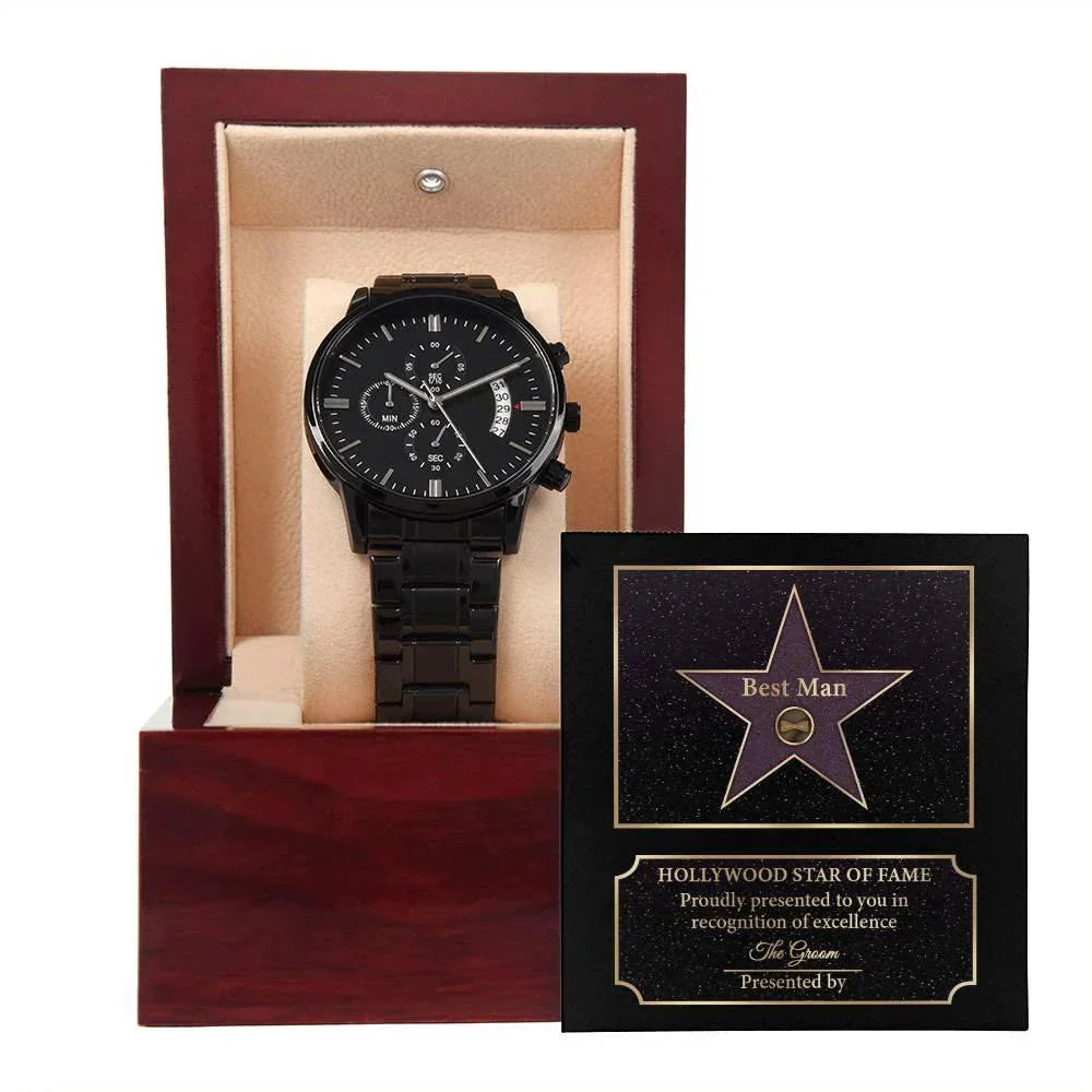 Husband Wedding Day Gift-Best Man-Star Of Fame-Black Chronograph Watch