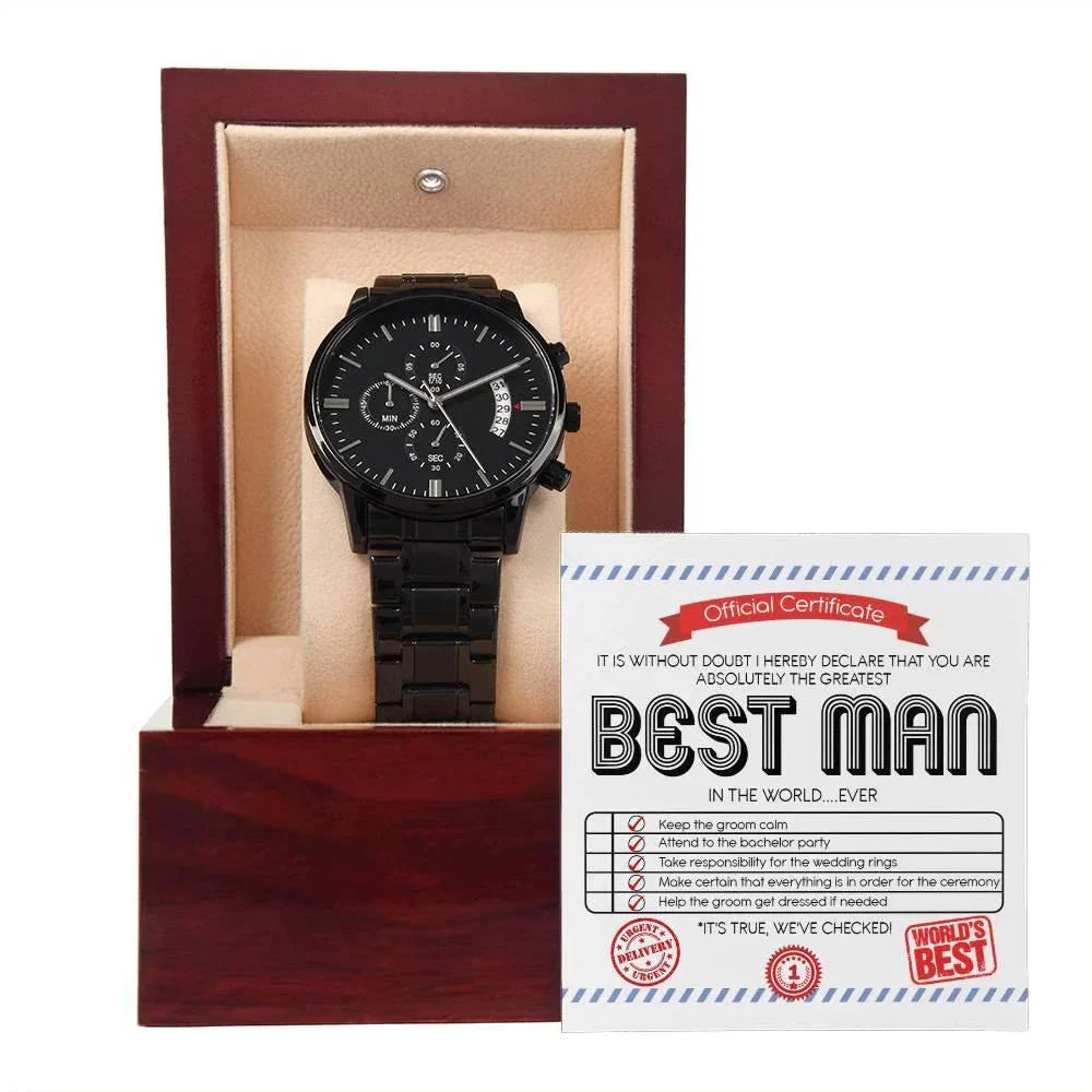 Best Man Wedding Day Gift - Official Certificate - Black Chronograph Watch