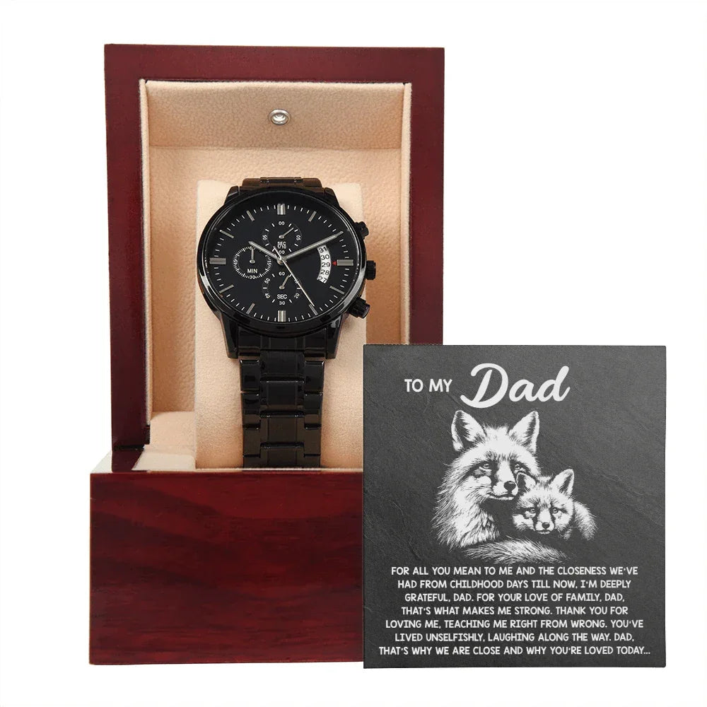 To My Dad Black Chronograph Watch - Meaningful Father's Day Gift with Family Love Message and Fox & Kit Design - Elegant Gift Box Included
