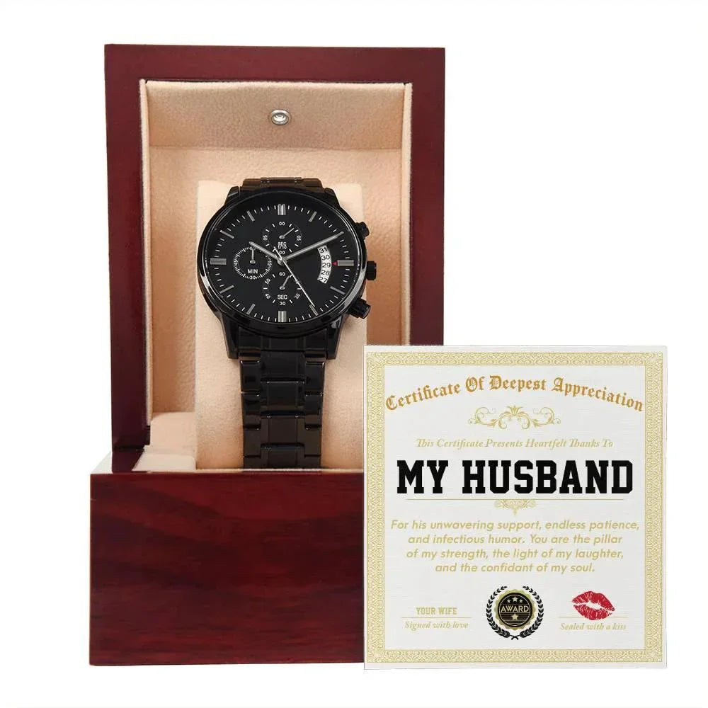 Husband Wedding Day Gift - Deepest Appreciation - Black Chronograph Watch