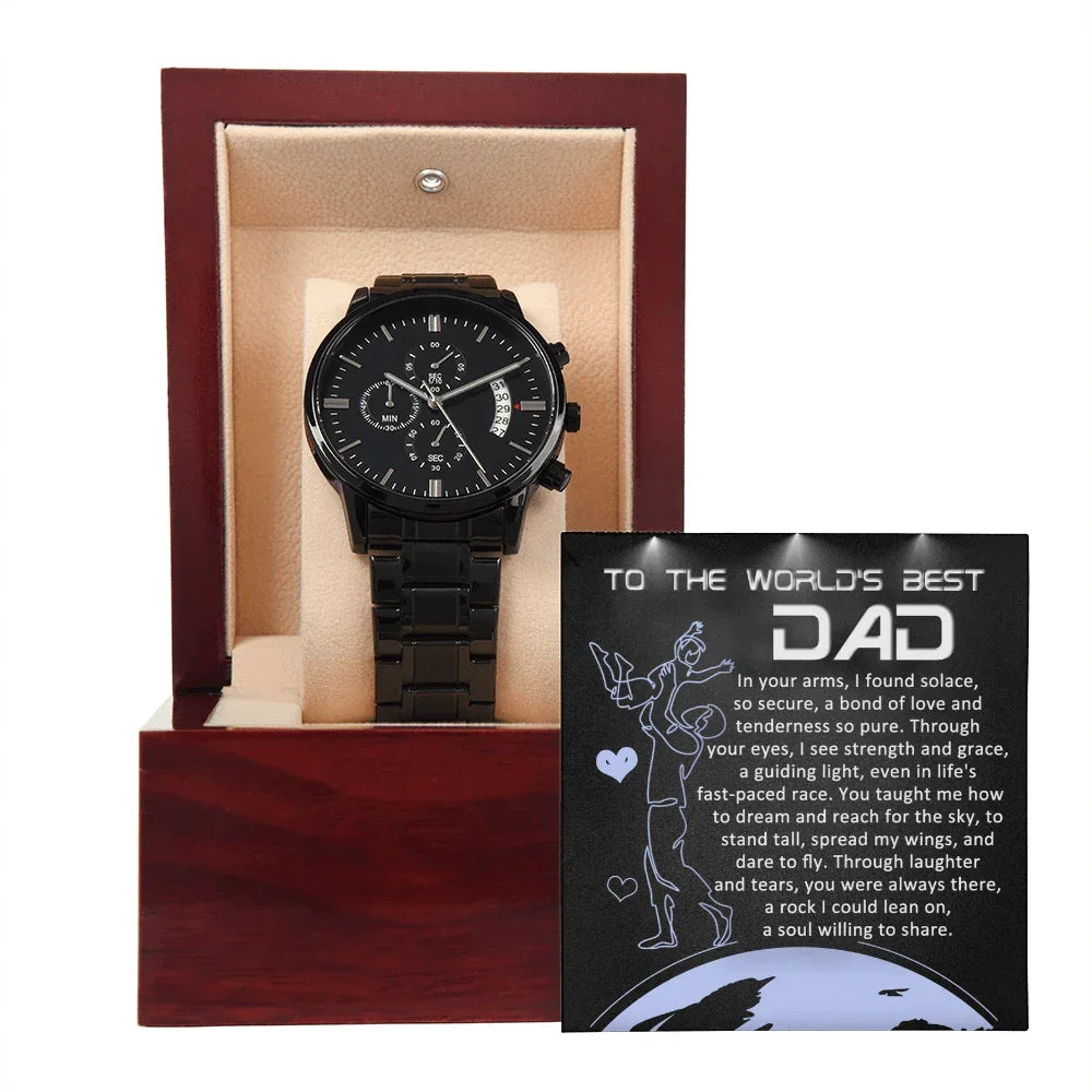 World's Best Dad Luxury Black Chronograph Watch with Guiding Light Message Card – Thoughtful Father's Day Gift from Son or Daughter – Water-Resistant, Stainless-Steel Keepsake Timepiece