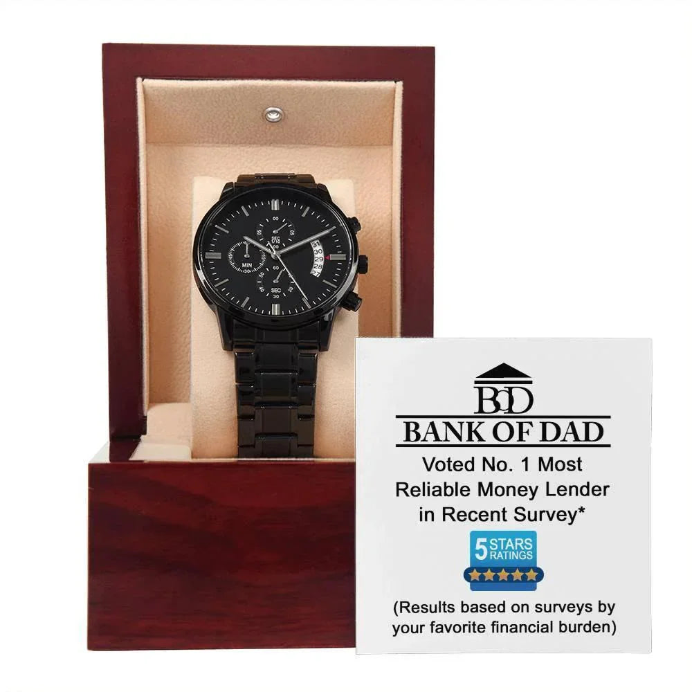 Bank of Dad Funny Watch Gift – Metal Chronograph Watch for Dad – No. 1 Reliable Money Lender Award – Humor Gift from Favorite Financial Burden