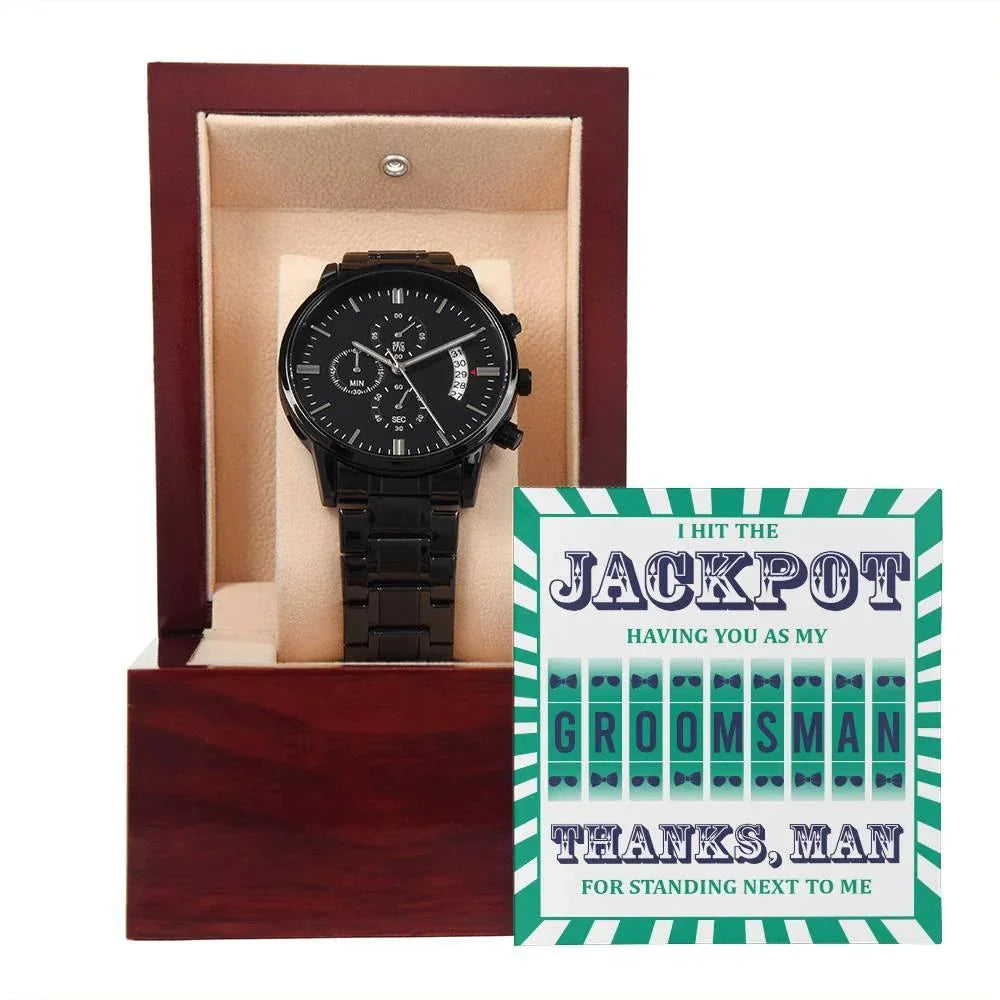 Groomsman Wedding Day Gift - Hit The Jackpot-Black Chronograph Watch