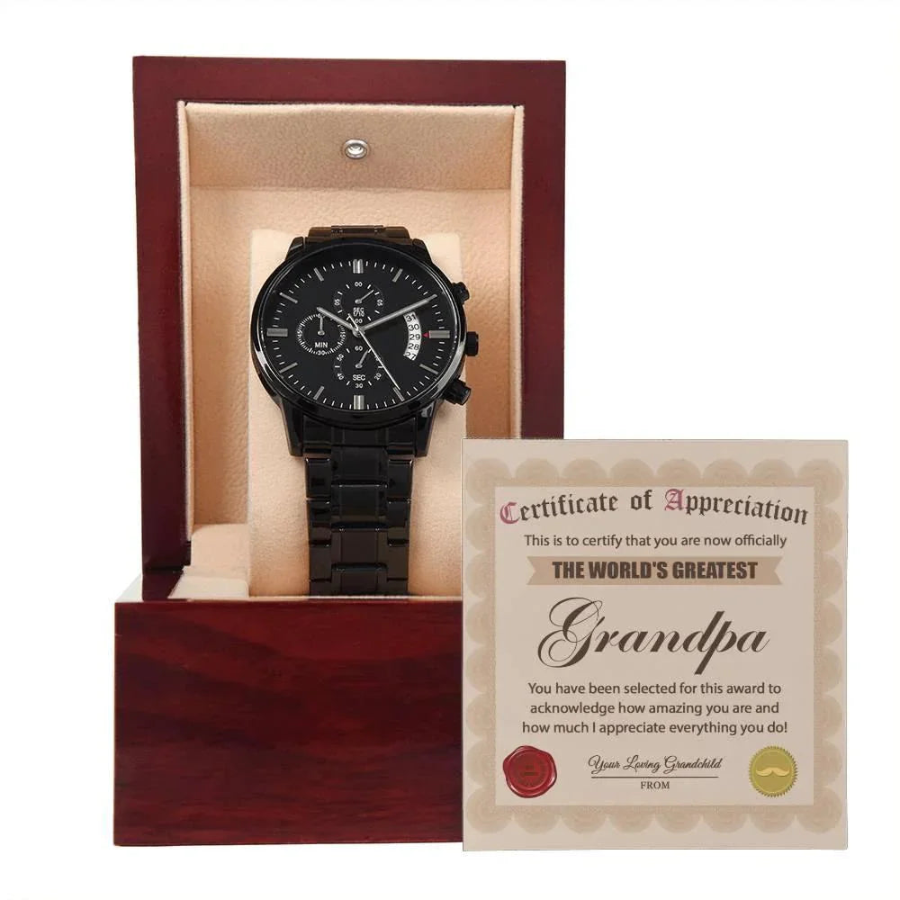 Certificate of Appreciation for the World's Greatest Grandpa Black Chronograph Watch