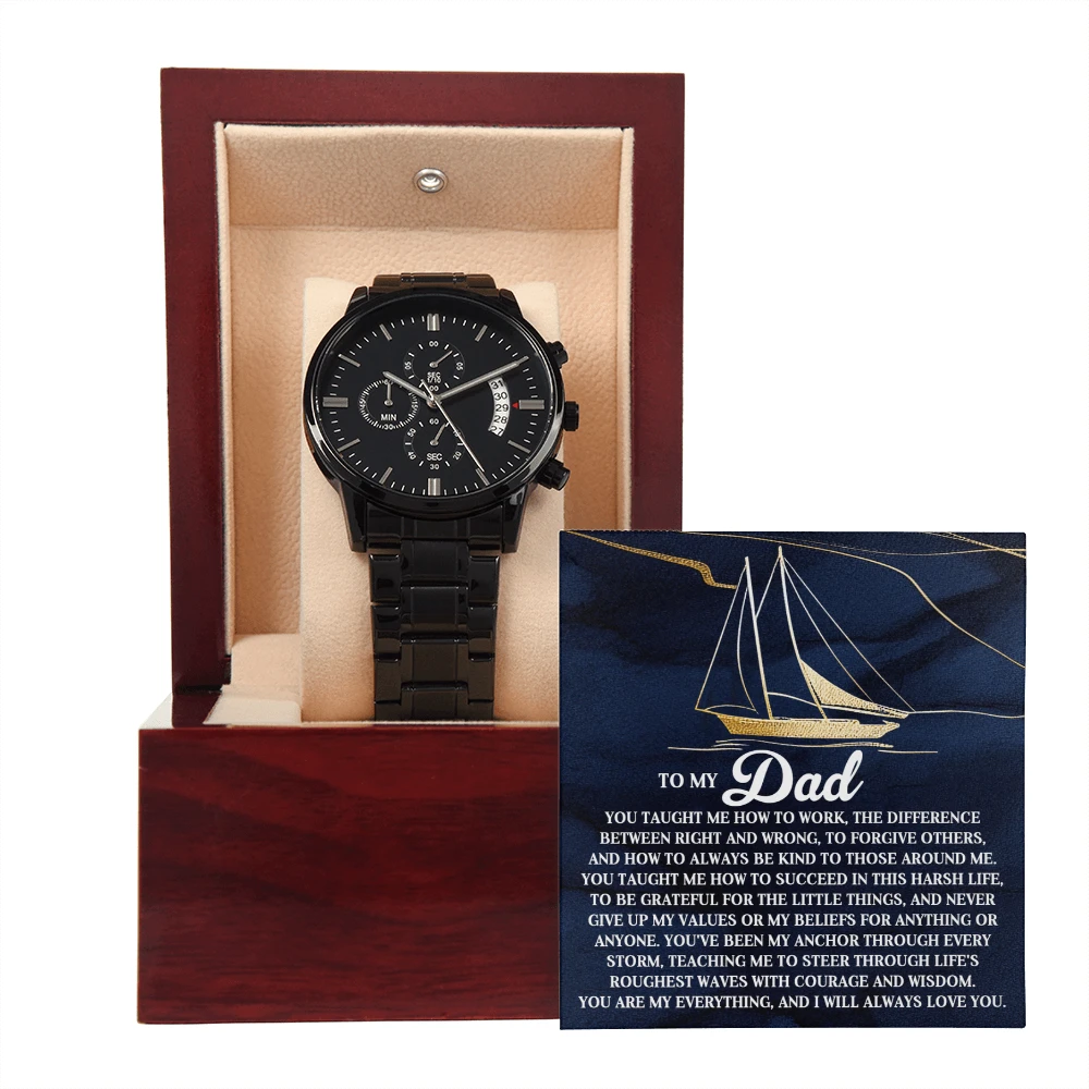 To My Dad Men's Black Chronograph Watch with Life Anchor Message Card – Father's Day Gift for Dad – Sentimental Gift from Son or Daughter – Water Resistant Luxury Timepiece