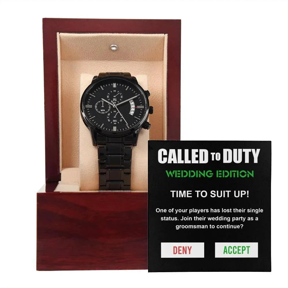 Groomsman Called To Duty Time to Suit Up Wedding Party Invite Black Chronograph Watch