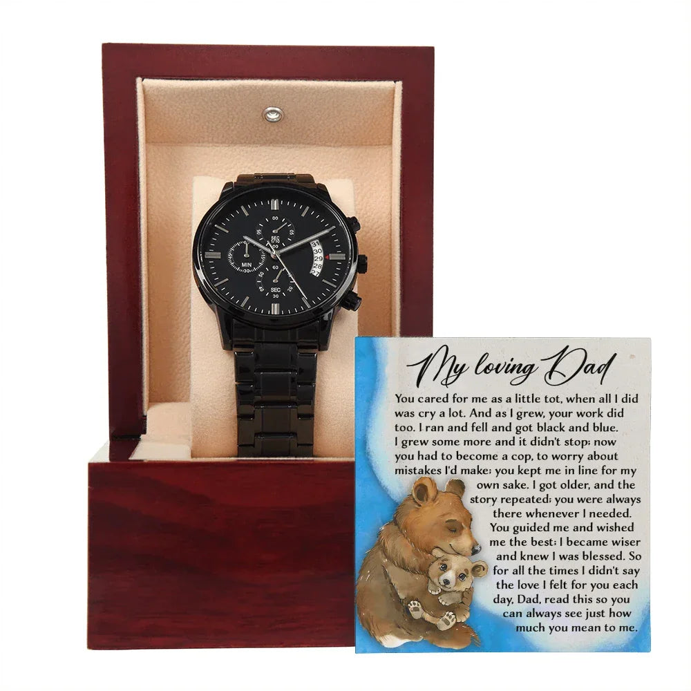 To My Loving Dad Watch Gift | Growing Love Poem Keepsake | Father's Day, Birthday, or Christmas Gift from Daughter or Son | Luxury Black Chronograph Men's Watch with Inspirational Message