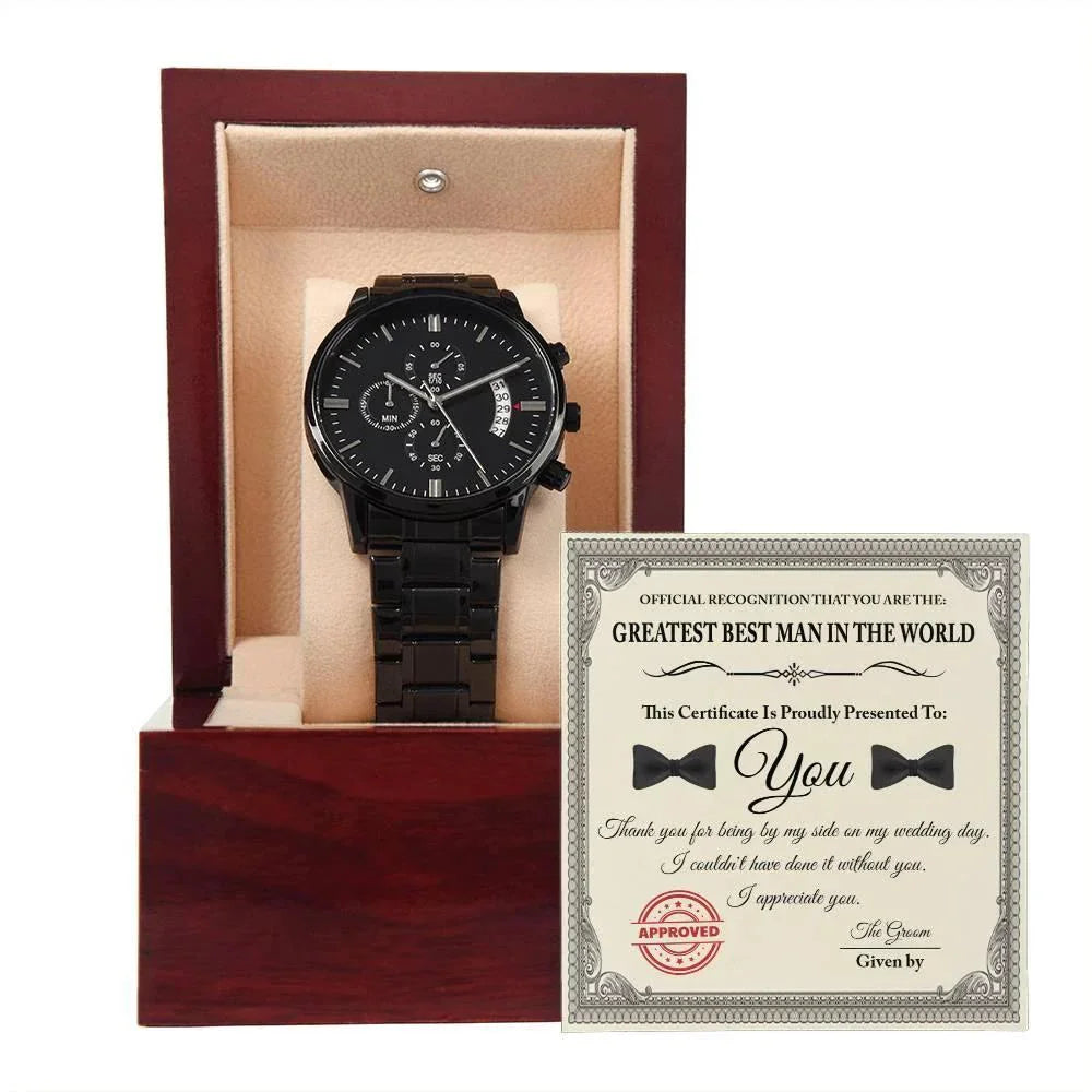 Groomsman Wedding Day Gift - Best Man - Official Recognition - Black Chronograph Watch