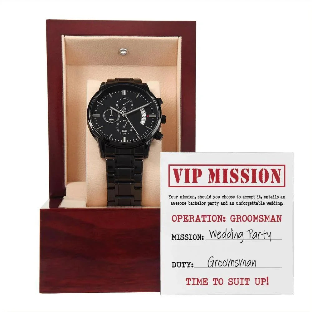 Groomsman Wedding Invite - VIP Mission Operation Groomsman - Black Chronograph Watch