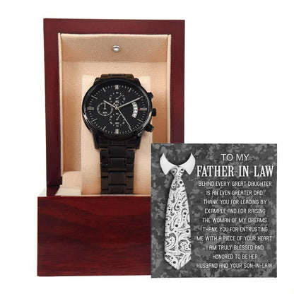 Gift for Father-In-Law - Behind Every Great Daughter is an Even Greater Dad Black Chronograph Watch - Mallard Moon Gift Shop