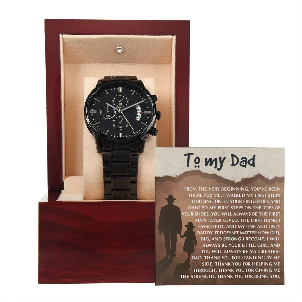 To My Dad - First Love Father Daughter Message Card with Luxury Black Chronograph Watch - Meaningful Father's Day Gift from Daughter