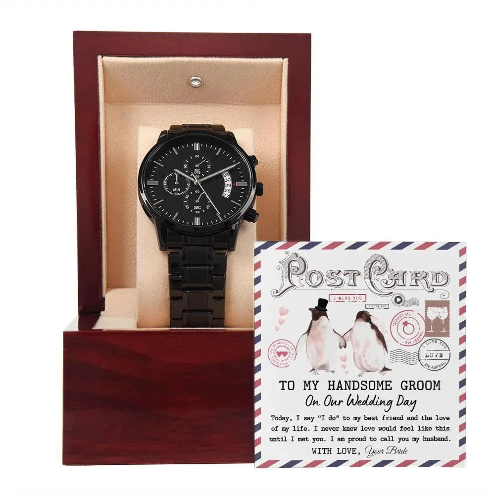 Groom Wedding Day Gift - I Met You - Black Chronograph Watch