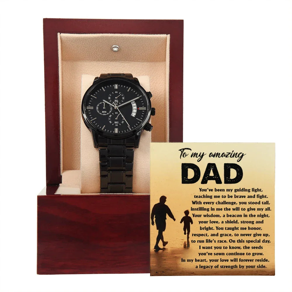 To My Amazing Dad - Legacy of Strength Watch | Sentimental Father's Day Gift from Son or Daughter | Luxury Black Chronograph Stainless Steel Watch with Heartfelt Message Card