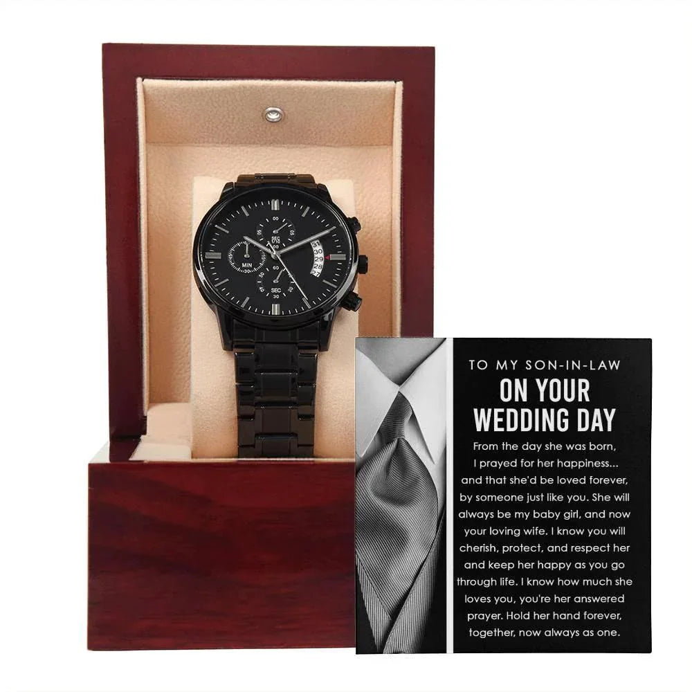 Son-in-Law Wedding Day Gift - Hold Her Hand Forever - Black Chronograph Watch