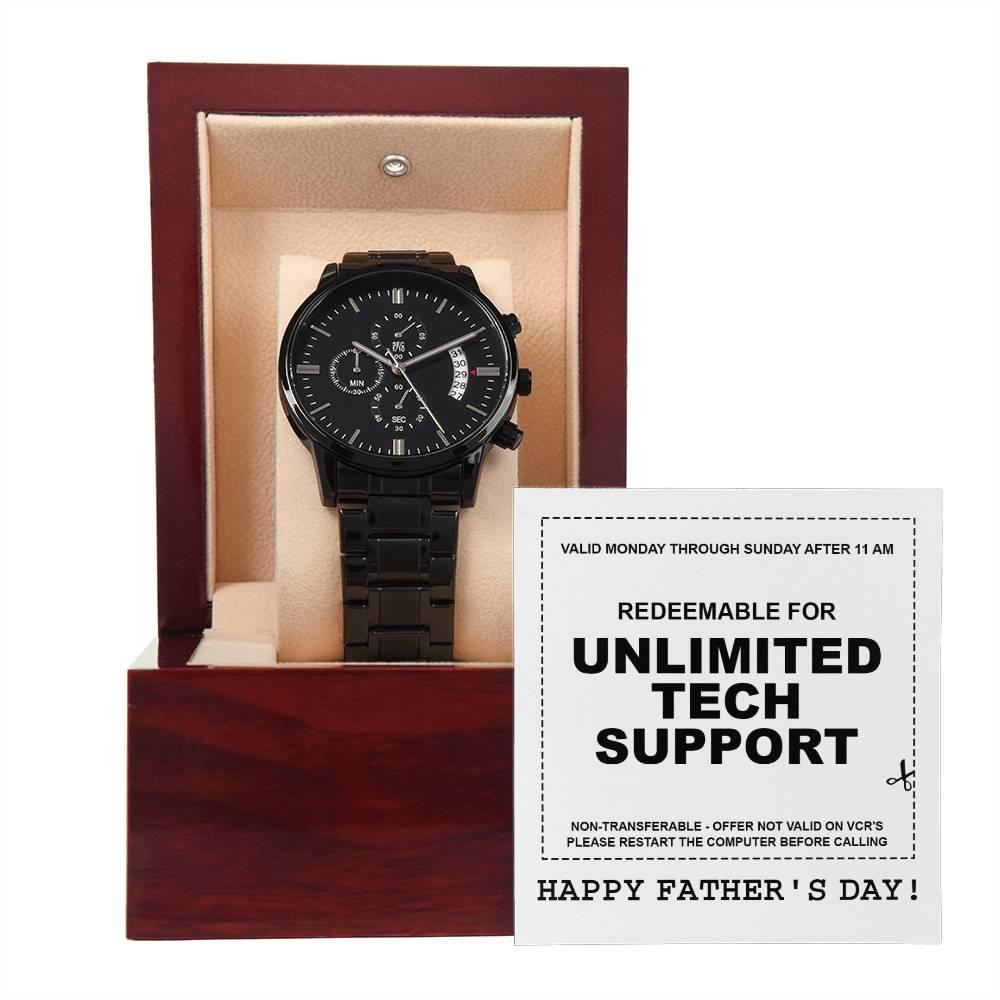 Gift for Dad - Redeem for Unlimited Tech Support - Black Chronograph Watch - Mallard Moon Gift Shop