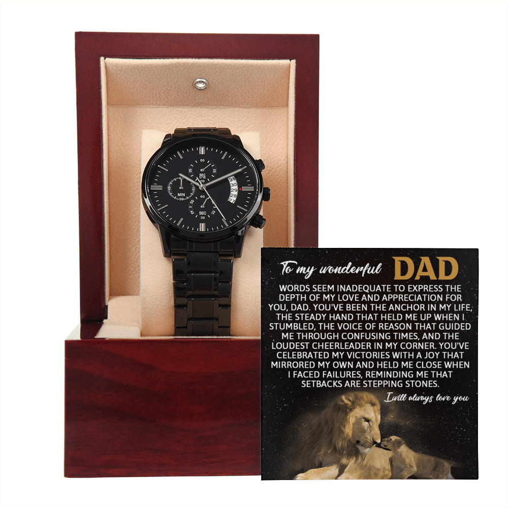 Dad Anchor Life Black Chronograph Watch with Heartfelt Message Card – Luxury Stainless Steel Men's Timepiece, Water Resistant, Scratch Proof, Gift Boxed, Father's Day Gift, Birthday Gift for Dad from Son or Daughter - Mallard Moon Gift Shop
