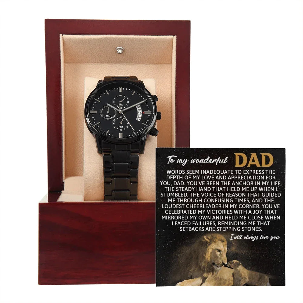Dad Anchor Life Black Chronograph Watch with Heartfelt Message Card – Luxury Stainless Steel Men's Timepiece, Water Resistant, Scratch Proof, Gift Boxed, Father's Day Gift, Birthday Gift for Dad from Son or Daughter