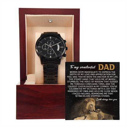 Dad Anchor Life Black Chronograph Watch with Heartfelt Message Card – Luxury Stainless Steel Men's Timepiece, Water Resistant, Scratch Proof, Gift Boxed, Father's Day Gift, Birthday Gift for Dad from Son or Daughter - Mallard Moon Gift Shop