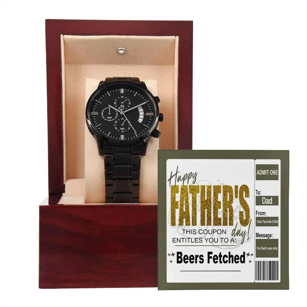 Beers Fetched Dad Coupon Father's Day Gift – Funny Metal Chronograph Watch for Dad from Favorite Child – “Happy Father’s Day” Coupon Message Card – Gag Gift with Sentimental Touch